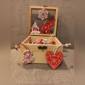 Set of 32 Wood Christmas Ornaments in Wooden Box